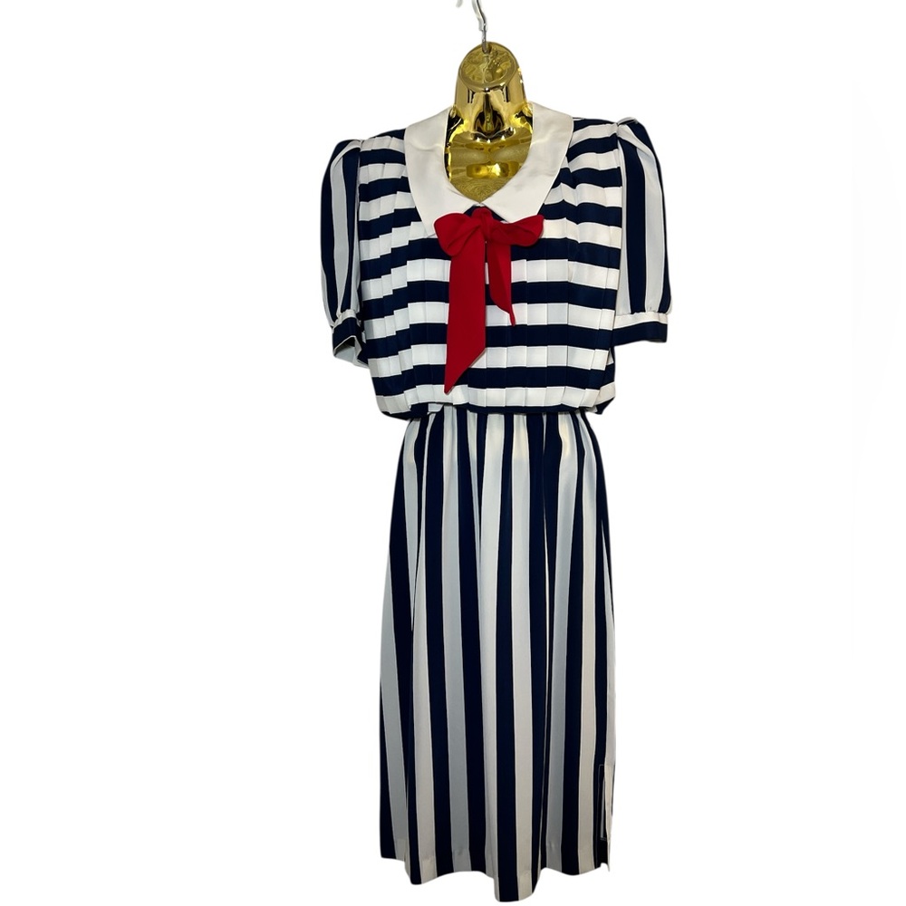 Vintage Sailor Navy and White Striped pleated Dress with Red Bow